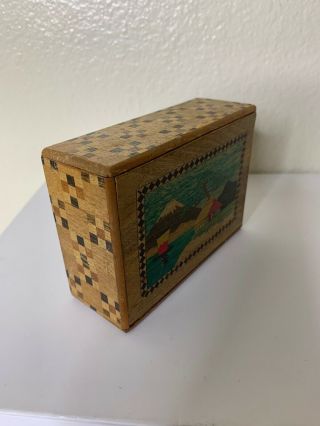 Vintage Japanese Wooden Puzzle Box Painted 4.  5” X 3” X 1.  5” Double Sided Mt Fuji 2