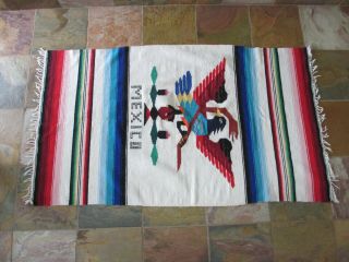 Vintage Mexican Serape Saltillo Woven Throw Rug Blanket With Eagle And Snake