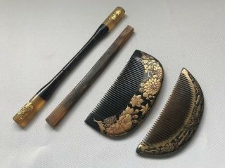 Kanzashi Hair Pin Wooden Comb Kushi 4pc Flower Black Golden Japanese Vtg V92