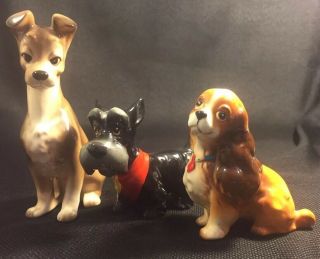 3 Vintage Walt Disney Productions Ceramic Figurines Dogs Lady - Tramp - Jack.