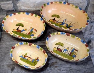 Great Set Of 4 Hand Crafted Painted Vintage Oval Mexican Pottery Nesting Bowls