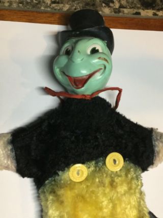 Vintage Gund Mfg.  Jiminy Cricket Hand Puppet Plastic Head Cloth Body Walt Di