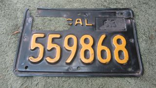 1963 California Motorcycle License Plate 559868 Has Damage