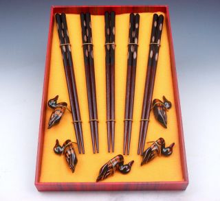 Gift Set 5 Pairs Oval Dots Carved Wooden Chopsticks W/ 5 Duck Shape Holders
