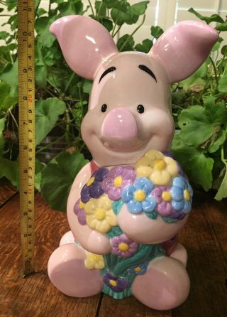 Disney Winnie The Pooh Sweet Piglet Cookie Jar Hugging Bouquet Of Flowers