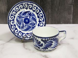 Vintage Anfora Pottery Hecho - En Mexico Blue White Cup & Saucer