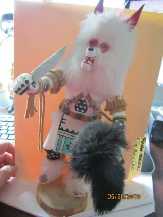 Kachina Signed White Wolf By Virgina Ben Wood Indian Doll Figurine 13 "