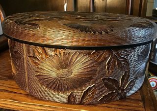 Vintage Japanese Lacquer Box Lidded Bowl Brown Chrysanthemum Lacquerware 12”x 5”