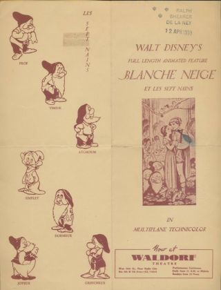 Disney - Letter And Brochure - Snow White (waldorf Theatre) - Promo Dated 1939 - French