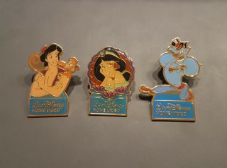 Disney Aladdin & Jasmine & Genie Home Video Pin Set - Rare