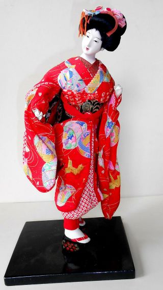 Vintage 12 " Porcelain Japanese Geisha Girl Doll Figure On Wooden Base 1970