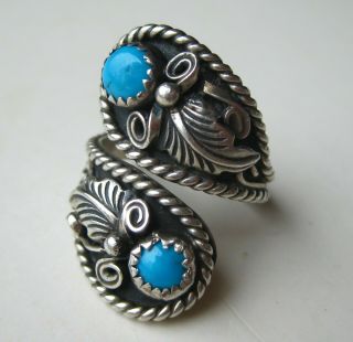 Vtg Native American Navajo Indian Sterling Silver Blue Turquoise Coil Wrap Ring