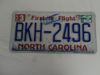 2014 North Carolina Nc License Plate Bkh - 2496 Stamped First In Flight