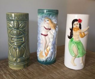 Vintage Tiki Mugs 2 Orchids Of Hawaii Surfer Girl & Hula Dancer & Green Mug Vase