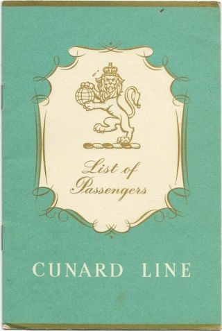 M.  V.  Britannic Cunard Line Tourist List Of Passengers 1958 Jan 10th Brochure