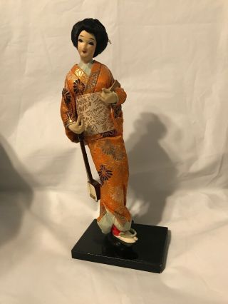 Vintage Japanese Geisha Girl Doll 14 " On Stand Ornate Silk Dress Kimono Oriental