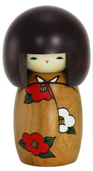 Japanese 5 " H Usaburo Kokeshi Hana Tsubaki Kimono Girl Wooden Doll,  Made In Japan
