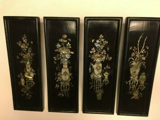 4 Vintage Asian Mother Of Pearl Inlay Black Lacquer Wood Wall Hangings,  Floral