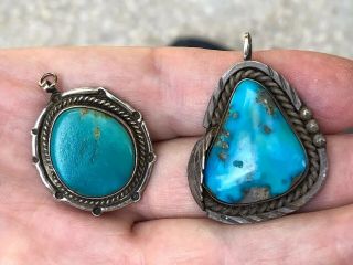 Pair Old Pawn Turquoise & Sterling Silver Navajo Indian Pendant Lavaliers