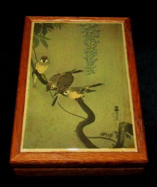 Vintage Japanese Art Tile On Wood Box Velvet Lined Birds 6 3/4 " Lx2 1/4 " Tx4 3/4 " D