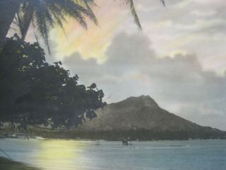 Early Hand Colored Photograph Waikiki Diamond Head w Bamboo Frame 7