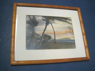 Vintage Hand Colored Photograph Of Hawaii Beach W Coconut Trees In Bamboo Frame