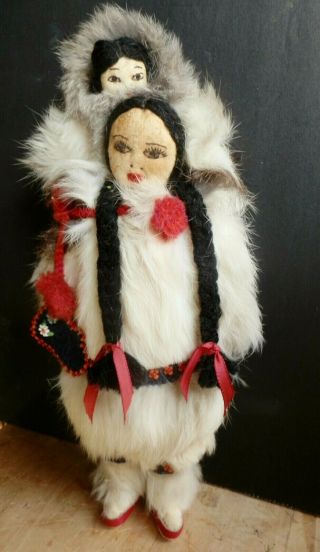 Inupiat Tribe,  Inuit Eskimo Handmade Doll,  Mother Child,  Seal Skin,  Fur/ Beads