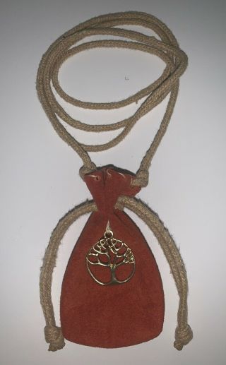 Handmade Suede Leather Drawstring Pouch Medicine Bag W/ Tree Of Life