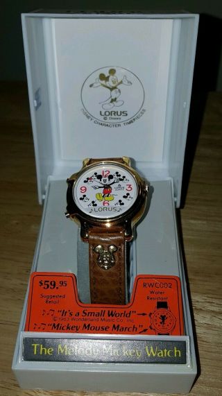 Vintage Lorus Melody Mickey Mouse Watch Gold Leather Music Disney Box