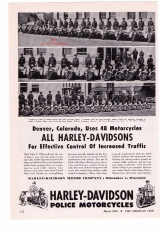 1948 Vintage Harley Davidson Police Motorcycles " Denver,  Colorado " Print Ad