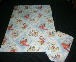 Vtg Walt Disney Productions Twin Full & Fitted Sheet Mickey & Friends Pilled