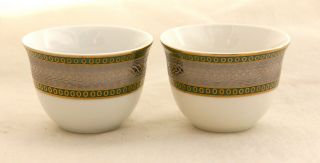 Set 2 Chinese Wine,  Tea,  Sake Cups.  Fine Porcelain.  Wide Green Gold Silver Band