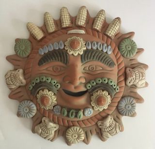 Mexican Folk Art Hand Decorated Sun Face Terra Cotta Wall Art Hanging 11 "