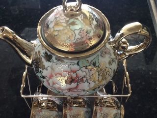 13 Pc Chinese Tea Set Tea Pot 6 Cups Saucers Rack Multi - - - - - Set 3 Oz Cup