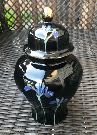 Vintage Japanese Porcelain Ginger Jar With Lid - Otagiri Blue Iris Pattern 2