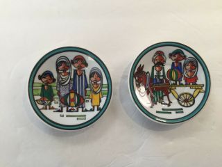 2 Ceramic Hanging Plates Hand Painted Middle East Peasant Family 4 ¼ Inch