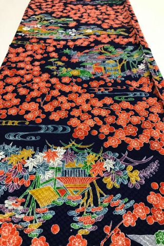 @@158 Cm Japanese Vintage Kimono Silk Fabric/rinzu Silk/ Navy Blue Base Ap70