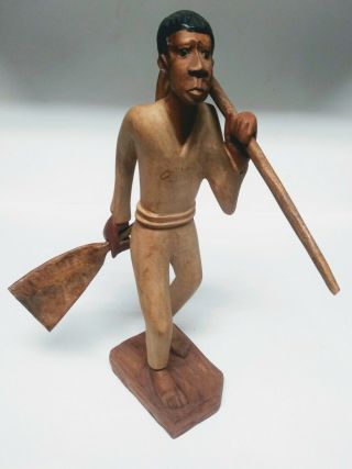 Vintage Hand Carved Wooden African Man Figurine Holding Tools Signed By Artist