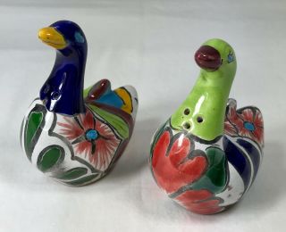 Mexican Talavera Folk Art Duck Salt & Pepper Shaker Set Colorful Goose Mexico