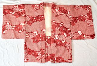 Vintage Silk Kimono Haori Jacket,  Bright Red Shibori Chrysanthemum