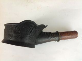 Antique Vintage Chinese Bronze Coal Pan Silk Iron Wood Handle Embossed Design Gc