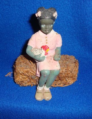 Vintage Black Americana Girl With Chicken Sitting On A Bale Of Hay Figure