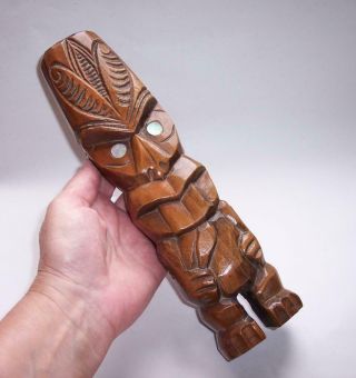 Vintage Tall Wooden Maori Tiki With Paua Shell Eyes Hand Carved N.  Zealand