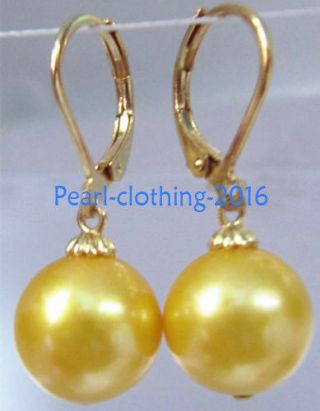 Elegant Aaa 11 - 12mm Real Natural South Sea Golden Pearl Earrings With 14 K Gold