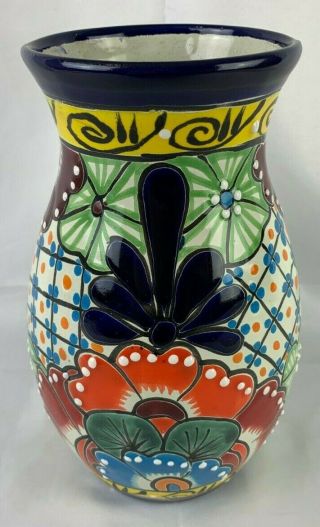 9.  5 " Vase Authentic Mexican Talavera Ceramic Pottery Hand Painted Cobalt Blue