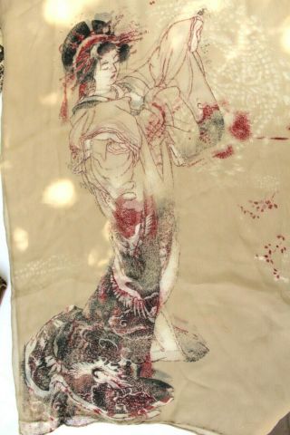 Stunning Vintage Japanese Hand Painted Silk Chiffon Geisha/royal Lady Scarf - 60 "