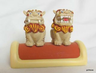 Vintage Set Of 2 Little Foo Dogs On Red Cushion Hand Painted 3 X 2 X 1.  5 "