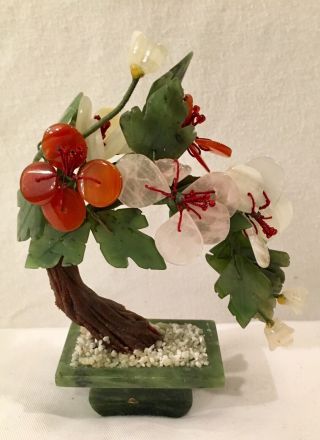 Vintage Gemstone Bonsai Tree Jade Quartz Coral