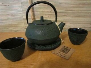 Rikyu Japanese Cast Iron Tea Pot Set,  Pot,  Trivet,  2 Cups Green Bamboo