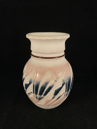 Mexico Pottery Ceramic Geometric Design Pink Blue Vase Artist Signed Arevloza